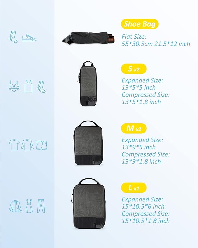 BAGSMART 6 Set Compression Packing Cubes - Lightweight Travel Essentials, Durable Luggage Organizer