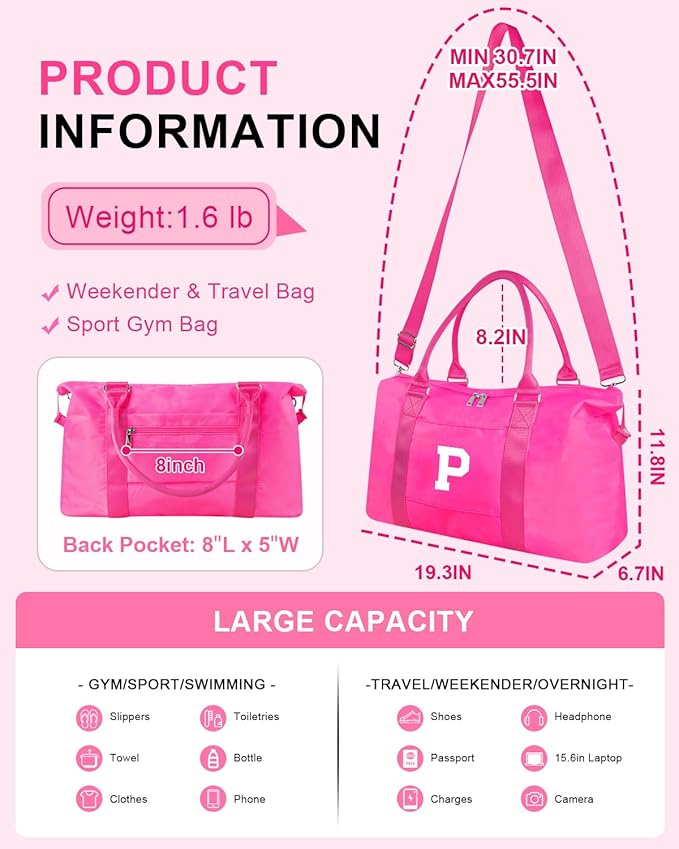 Overnight Bag for Kids Teen Girls Weekender Dance Bag Birthday Graduation Gifts,Initial Travel Duffel Bag Sports Gym Bag Personalized Weekender Bag Carry On Bags Preppy Gifts for Women(Hot Pink, P)