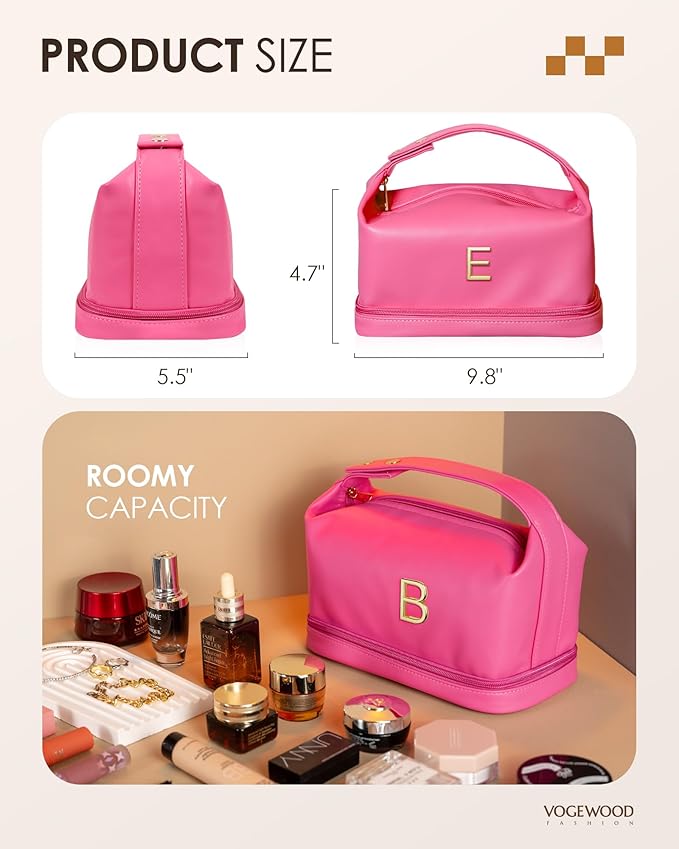 Bridesmaid Gifts for Girl, Monogrammed Makeup Bag with Handle, Initial Double Layer Cosmetic Bag with Makeup Brush Organizer, Cute Cosmetic Pouch for Women, Gifts for Friends Female