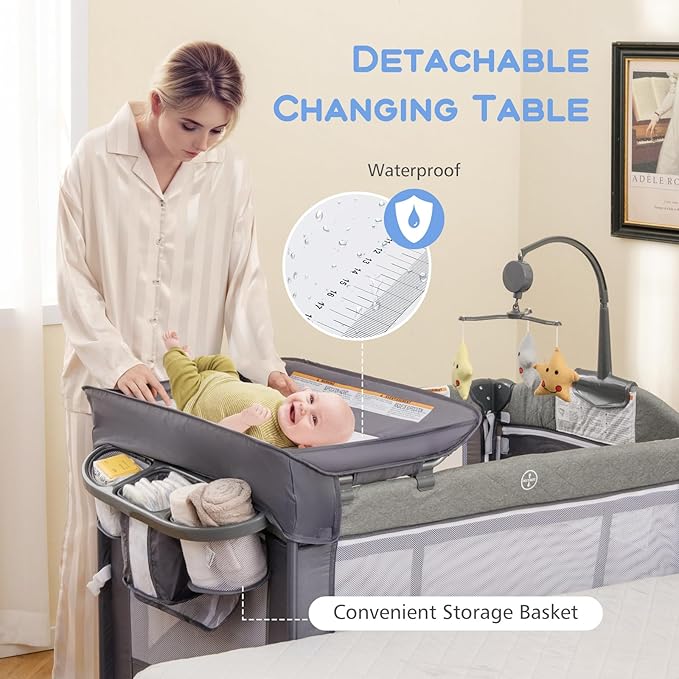 INFANS Pack and Play, 5 in 1 Baby Bedside Sleeper with Bassinet, Diaper Changer, Mattress, Carry Bag, Music Box Hanging Toys, Foldable Bedside Crib, Portable Playard for Newborn Toddlers (Classic)