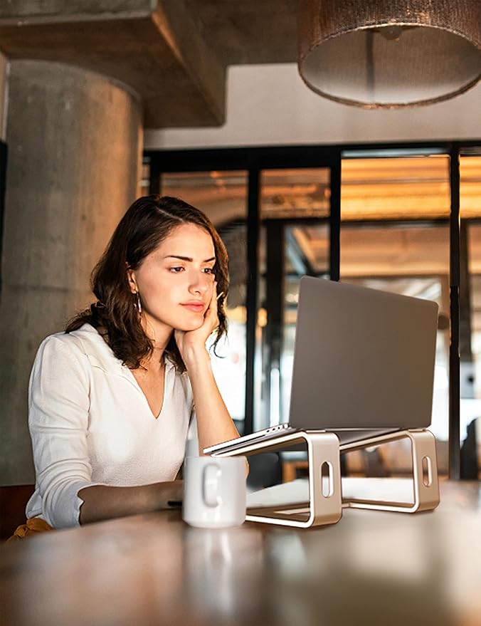 SOUNDANCE Laptop Stand, Aluminum Computer Riser, Ergonomic Laptops Elevator for Desk, Metal Holder Compatible with 10 to 15.6 Inches Notebook Computer, Gold