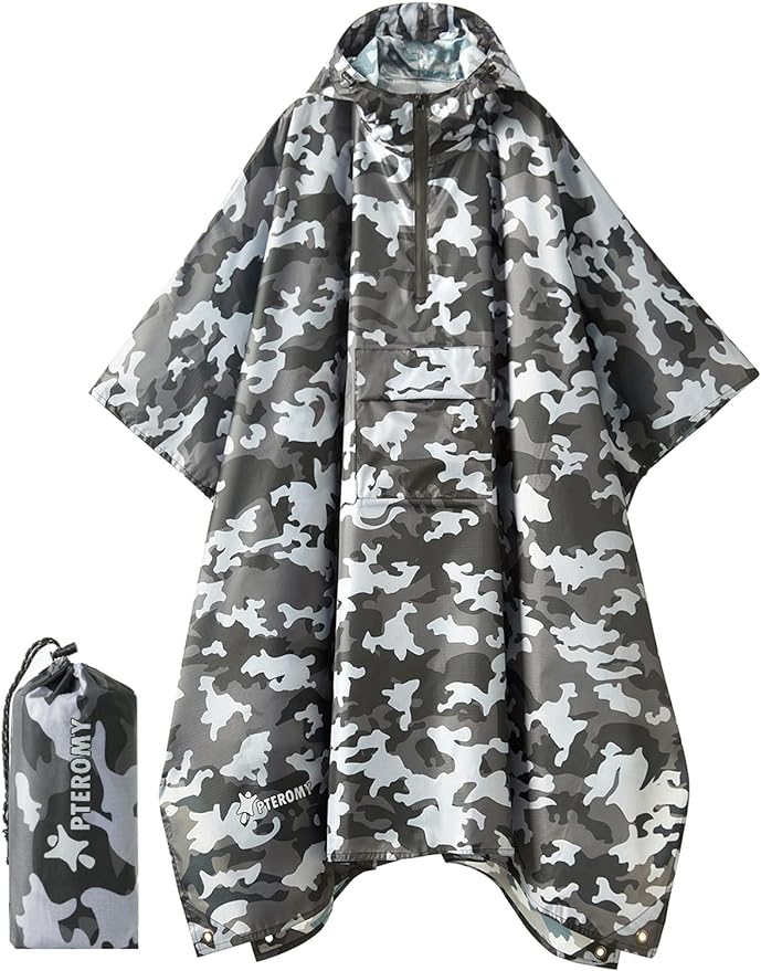 PTEROMY Hooded Rain Poncho for Adult with Pocket, Waterproof Lightweight Unisex Raincoat for Hiking Camping Emergency