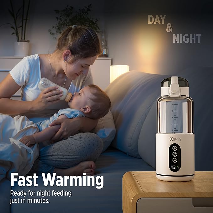 IXTECH Portable Water Warmer for Baby Formula, Milk Warmer for Travel, 10 oz., Electric Warming with Adjustable Temperature Control, Leak-Resistant Spout, Rechargeable and Wireless