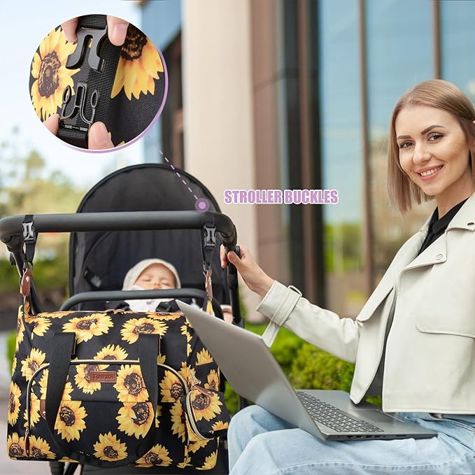 Tuwubi Diaper Bag Tote,Baby Diaper Bag with Pacifier Case Large Travel Diaper Tote Caddy for Mom and Dad Multifunction Large Baby Bag - Sunflower