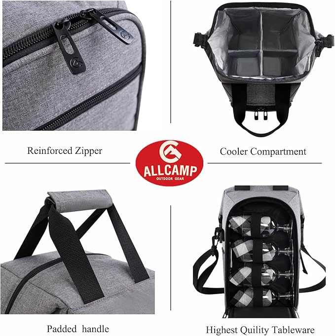ALLCAMP 4 Bottle Wine Gift Bag - Insulated Tote Cooler, Adjustable Strap, Includes 4 Wine Glasses, Napkins & Corkscrew, Portable Travel Gifting(Gray)