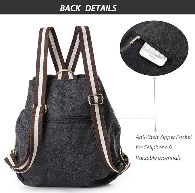 Goodhan Women Canvas Backpack Daypack Casual Shoulder Bag, Vintage Heavy-duty Anti-theft Travel Backpack Grey Black 2