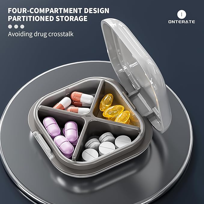 Small Pill Case, Travel Pill Box, Portable Pill Organizer, Pill Container for Pocket 4 Compartments, Daily Compact Travel Medicine Holder for Vitamins Medication (Purple)