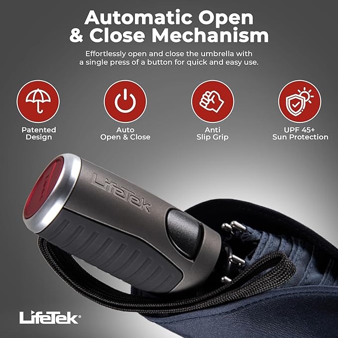 LifeTek Premium Travel Umbrella - Windproof & Compact for Men & Women, Automatic Open Close, Fits in Purse Laptop Bag or Backpack, Strong Frame for Heavy Rain & Sun UV Protection