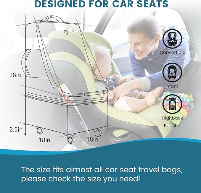 Rolling Car Seat Travel Bag, Padded Carseat Travel Backpack for Airplane,Large Durable Travel Bag with 4 Wheels,Adjustable Shoulder Strap and Waterproof Base Dark Grey