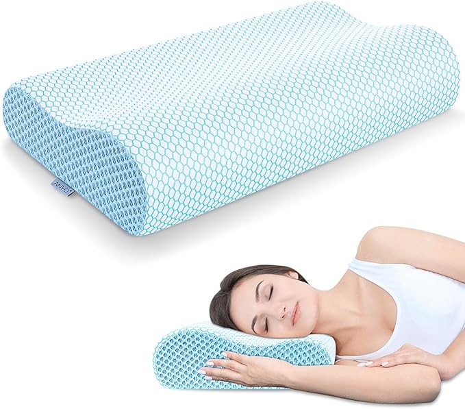 Anvo Memory Foam Pillow, Neck Contour Cervical Orthopedic Bed Pillow for Sleeping Side Back Stomach Sleeper, Ergonomic Design for Neck and Shoulder Pain Relief, Blue White, Firm