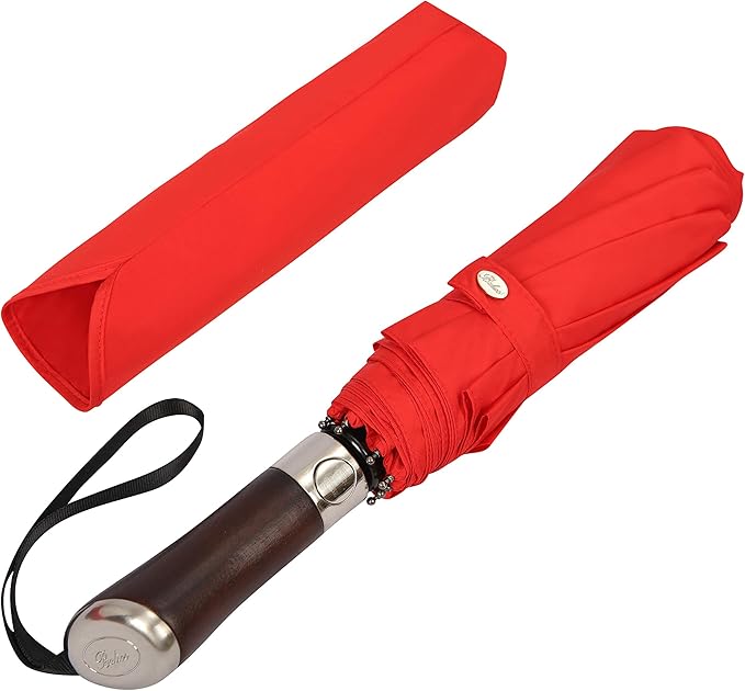 Balios (Designed in UK) Travel Umbrella Luxurious Golden Hardwood Handle Auto Open & Close Windproof Frame Single Canopy Automatic Folding Umbrella Men's & Ladies