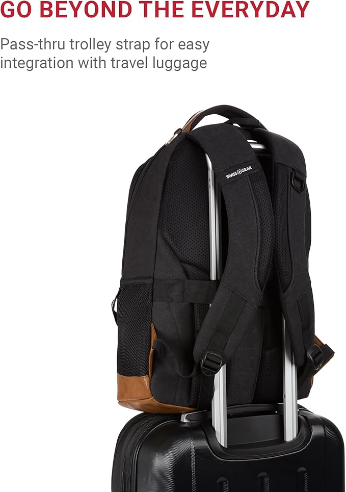 SwissGear 5505 Cecil 16” Laptop Backpack Black Canvas/Brown – Daily Laptop Bag with Gear Attachment Options – Multiple Organizer Pockets & Padded Shoulder Straps