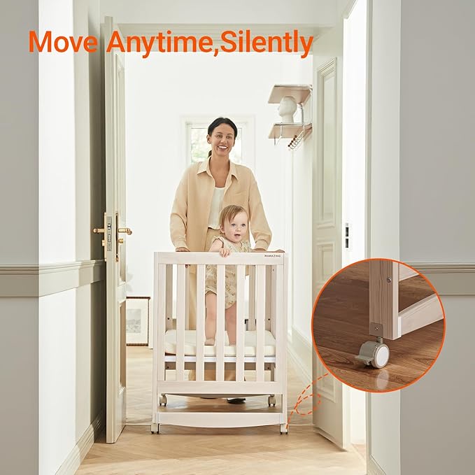 EvoNest Baby Crib, 6 in 1 Convertible Mini Crib with Wheels, 100% New Zealand Wood Growing Bed, 4 Adjustable Mattress Height, Wahsed Natural (Beige)