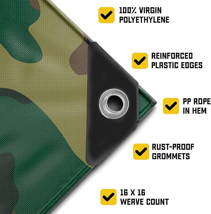 Core Tarps Extreme Heavy Duty 20 Mil Tarp Cover, Waterproof, UV Resistant, Rip and Tear Proof, Poly Tarpaulin with Reinforced Edges for Roof, Camping, Patio, Pool, Boat (Camouflage/Green 24′ X 36′)