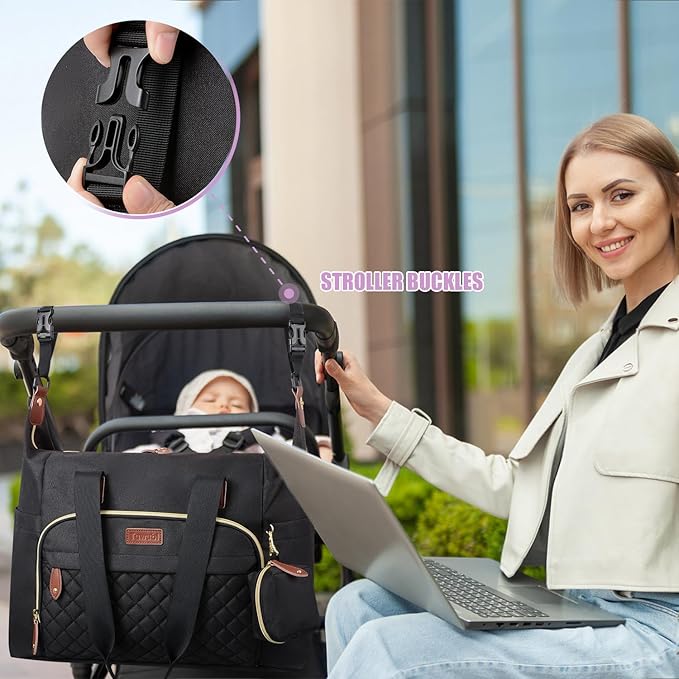 Tuwubi Diaper Bag Tote,Baby Diaper Bag with Pacifier Case Large Travel Diaper Tote Caddy for Mom and Dad Multifunction Large Baby Bag - Black