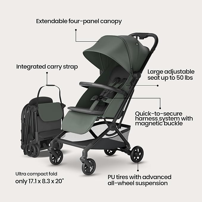 Mompush Velo Lightweight Travel Stroller – One-Hand Fold, Ultra-Compact & Airplane Friendly, Lie-Flat Recline Seat (from Birth to 50 lbs), Includes Cup Holder, Shoulder Strap, and Leather Bumper Bar