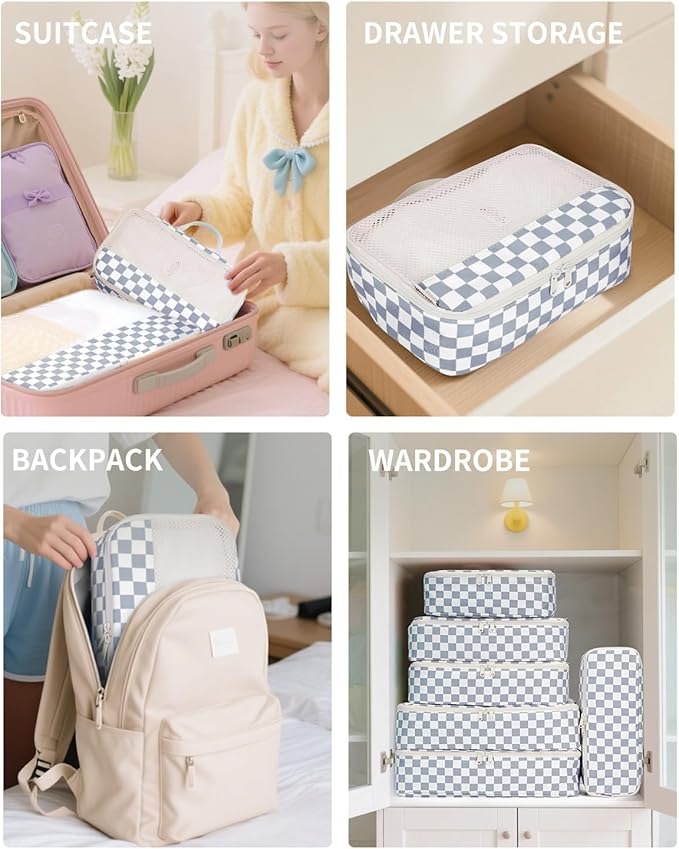 Narwey 7 Set Checkered Packing Cubes for Travel Carry on Suitcase Luggage Organizer Bags for Kids Women Men, Durable Packing Organizers Bag, Travel Essentials Accessories (Grayish Blue Checkerboard)