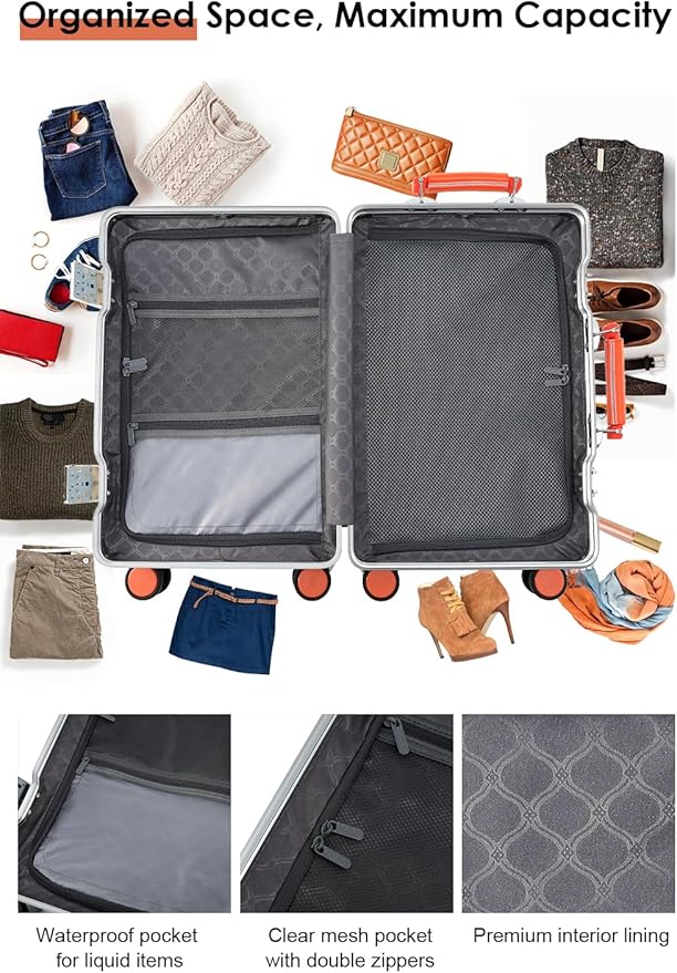 HotWay 26 Inch Hardside Checked Luggage with Leather Handle, PC Zipperless Suitcase with Spinner Wheels and TSA Locks, Lightweight Checked Luggage for Travel
