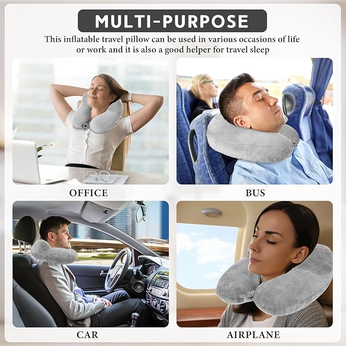 Sintuff 2 Pack Inflatable Travel Pillow for Airplanes Inflatable Neck Flight Pillows with Compact Bag and Blindfold for Traveling, Airplane, Train, Car, Office(Gray)