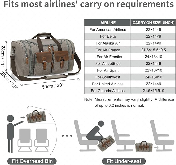 Canvas Duffle Bag with Genuine Leather Accents, Expandable 20-23 Inch Travel Weekender, Multiple Pockets, Gray