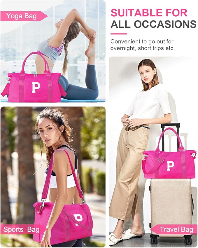 Overnight Bag for Kids Teen Girls Weekender Dance Bag Birthday Graduation Gifts,Initial Travel Duffel Bag Sports Gym Bag Personalized Weekender Bag Carry On Bags Preppy Gifts for Women(Hot Pink, P)