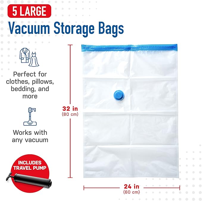 5 Pack Large Vacuum Storage Bags for Comforters, Blankets & Clothes – Vacuum Sealed Compression Bags with Hand Pump – Space Saver Storage Bags for Bedding, Moving, Travel & Organization