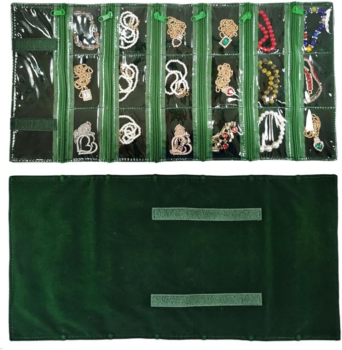 Travel Jewelry Roll Bag Portable Organizer Pouch With Grids&PVC Cover Storage Bags for Necklace, Bracelet, Bracelet,Ring, Badge, Pendant