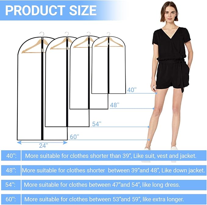 Garment Bags for Hanging Clothes 24'' x 54'' (Set of 12) Coat Covers for Closet Foldable Washable Dress Bags for Hanging Clothes for Long Dress Dance Costumes Suits Gowns Coats