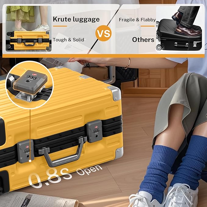 Krute Carry On Luggage 20 inch Aluminum Frame Suitcase with Spinner Wheels No Zipper Hardshell PC+ABS Luggages TSA Lock Zipperless Suitcases