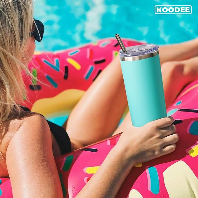 koodee 20 oz Stainless Steel Skinny Tumbler(4 Pack) Double Wall Insulated Water Tumbler Cup with Lids, Straws and Straw Brushe（Teal/2 Pack, Pink/2 Pack）