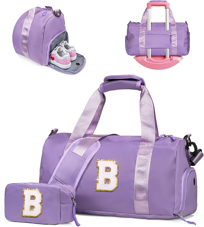 Birthday Gifts for 3 4 5 6 7 8 9 10 11 12 Year Old Girls-Girl Gym Bag with Shoe Compartment, Kid Personalized Weekender Overnight Bags, Initial Travel Tote with Makeup Pouch (Letter B)