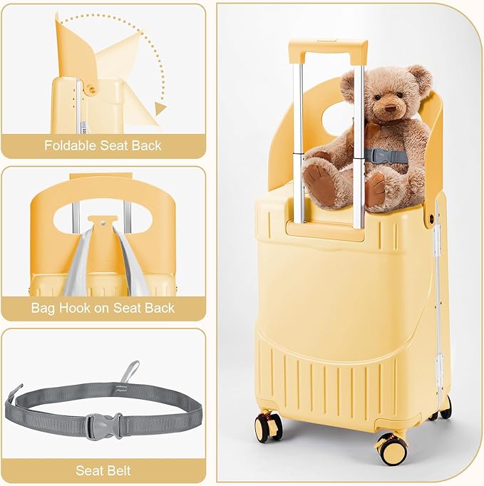 MRPLUM Ride On Luggage with Seat for Kids&Adults with Seat Belt,Hard Shell Lightweight Rolling Spinner Wheels Travel Luggage with TSA Lock,20 inch,Yellow