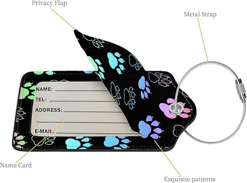 2 Pcs Luggage Tags for Suitcases, PU Leather Cruise Ship Luggage Tags with Privacy Cover Label Address Card and Durable Metal Ring Suitable for Men Women Handbags Backpacks Schoolbag,Dog Paw Print