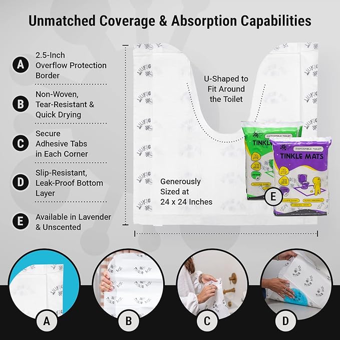 Tinkle Mat Disposable Toilet Commode Mat – Super Absorbent, Deodorizing Toilet Mats for Bathroom U Shaped – Great for Kid Potty Training, Incontinence & More – 24 x 24 Inches, 20 Pack, Unscented