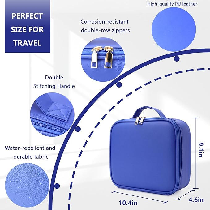 Travel Makeup Bag with LED Lighted Mirror, Travel Makeup Organizer,3 Color Setting Cosmetic Makeup Box, Adjustable Dividers and Brush Holder（dark blue）