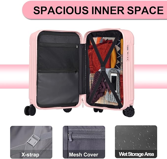 Krute Carry on Luggage PC+ABS Suitcases with Double Spinner Wheels 22x14x9 Airline Approved Luggage with TSA Lock 20 Inch (Pink)