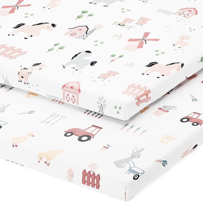 Travel Crib Fitted Sheets for Baby Bjorn, Guava Lotus Travel Crib and 24 x 42 Inch Travel Light Playard Mattress – Snuggly Soft 100% Jersey Cotton – Farm Animals – 2 Pack