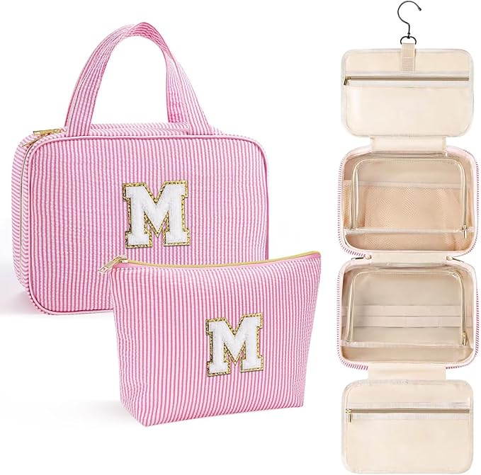 YOOLIFE Birthday Gifts for Women Teen Girls - Hanging Toiletry Bag Initial Makeup Bag, Personalized Large Toiletry Bag, Gifts for Women Teen Girls Daughter Sister - Letter M, Pink