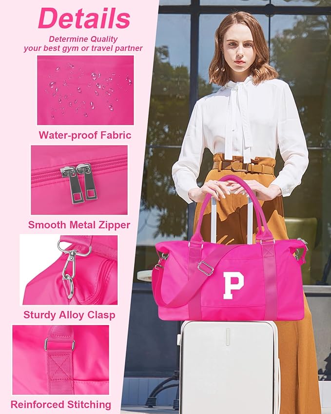 Overnight Bag for Kids Teen Girls Weekender Dance Bag Birthday Graduation Gifts,Initial Travel Duffel Bag Sports Gym Bag Personalized Weekender Bag Carry On Bags Preppy Gifts for Women(Hot Pink, P)
