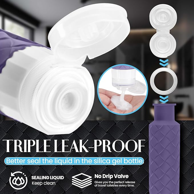 Travel Bottles for Toiletries, TSA Approved Silicone Travel Size Containers for Toiletries, BPA Free Leak Proof Refillable Essentials Accessories, Shampoo and Conditioner Bottles (Purple)