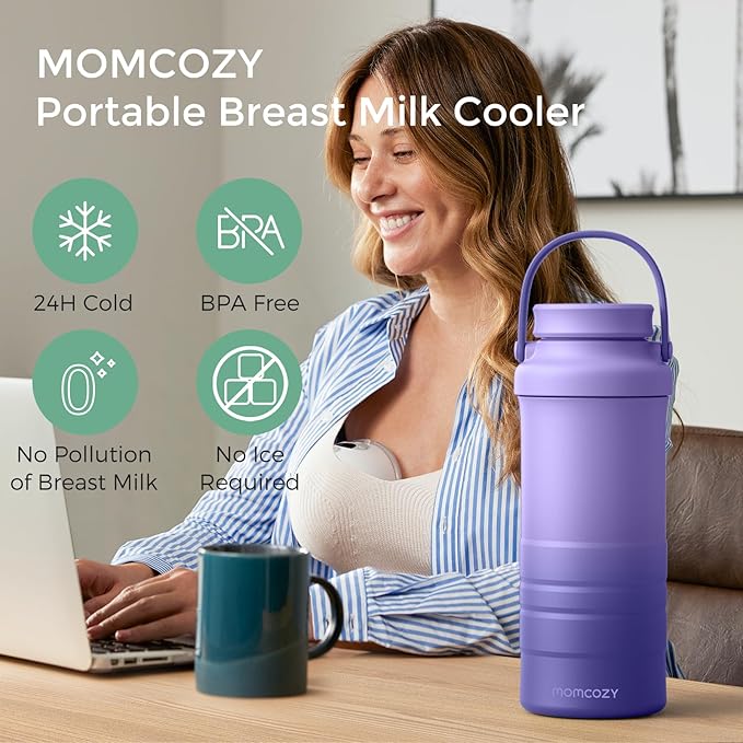 Momcozy 22oz Portable Breast Milk Cooler for Outdoor, Life Saver with 360° Total Cooling for 24 Hours, Larger Capacity Travel Breastmilk Chiller with 2pcs Baby Bottles for Breastmilk Storage, Purple
