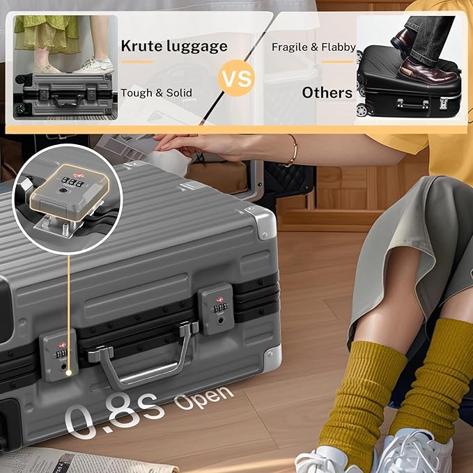 Krute Carry On Luggage 20 inch Aluminum Frame Suitcase with Spinner Wheels No Zipper Hardshell PC+ABS Luggages TSA Lock Zipperless Suitcases