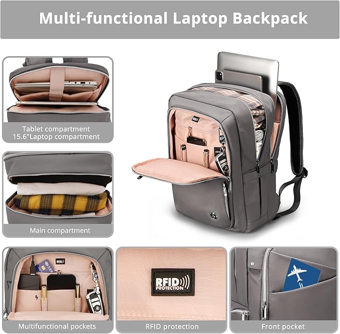 Swissdigital Design Laptop Backpack For Women，Travel Backpack With USB Charging Port，Fits 15.6 Inch School Computer Backpacks For Work Business,Grey | KATY ROSE