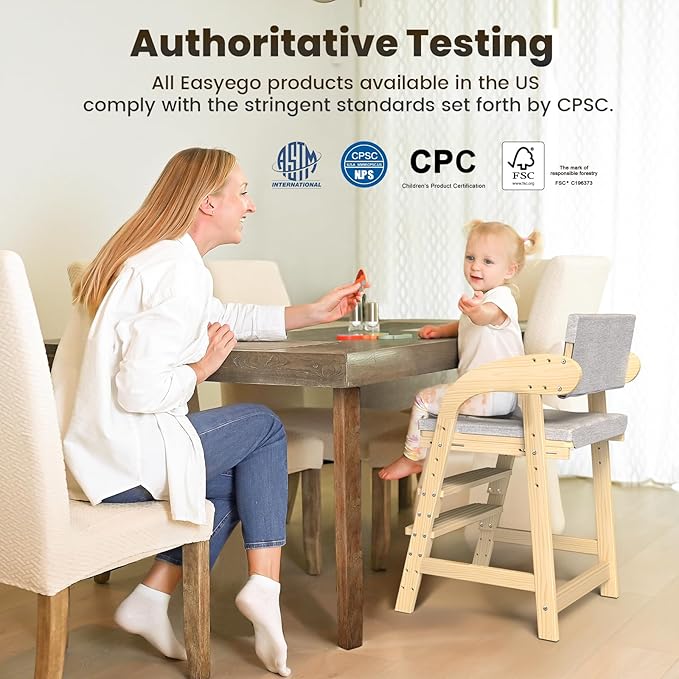 Easyego Wooden High Chair, Height Adjustment for Babies and Toddlers Aged 3-12, up to 130 lbs, Widened Foot Pedal as Steps for Kids Dining & Removable Washable Cushion (Natural)