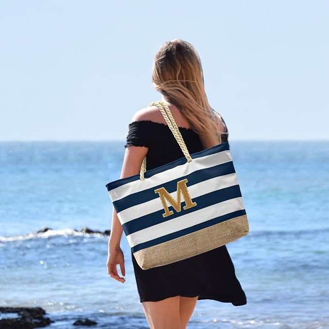Becokan Beach Bag Initial Beach Tote with Makeup Bag for Travel Work Storage Personalized Birthday Gifts for Women Her