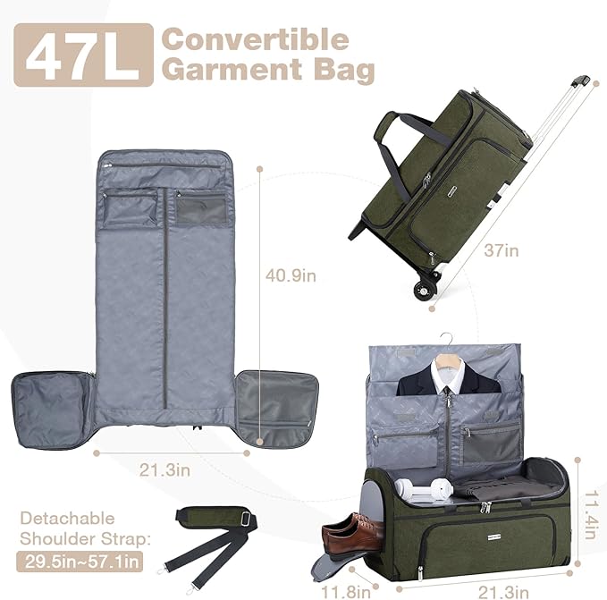 Garment Bags with Wheels, Garment Convertible Weekender Bags, Large Garment Bags for Travel, Duffle Luggage Bag Garment Bag (Army Green, Medium)