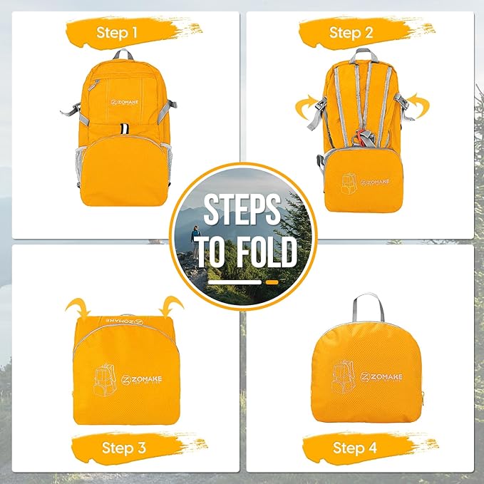 ZOMAKE Lightweight Packable Backpack 35L, Light Foldable Backpacks Water Resistant Collapsible Hiking Bag, Compact Folding Day Pack for Travel Camping(Yellow)