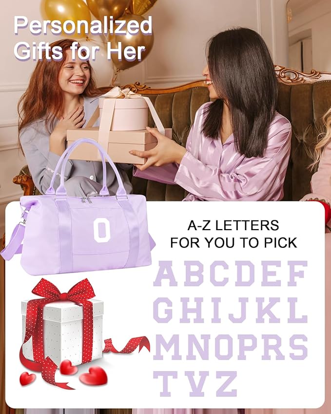 Daughter Niece Gifts for Teen Girl Kids, Initial Travel Duffel Bag Sports Gym Bag Personalized Gifts Weekender Bag，Monogram Overnight Bag Cute Dance Bag Birthday Bridesmaid Gifts for Women(Purple, O)