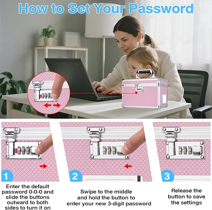 10.2 x 7 x 7.5 Inch Lockable Storage Box with Combination Lock, Portable Safe for Documents, Medicine, Cash & Valuables, Medicine Lock Box with Label Slot for Home, Office & Travel - Pink