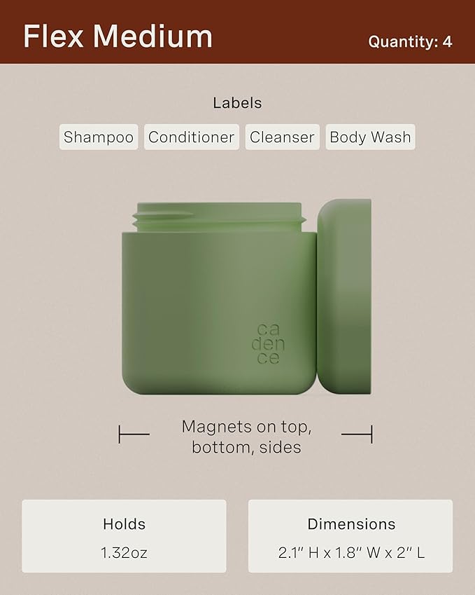Cadence Travel Containers - Daily Routine Capsule Set - Magnetic Containers with Lids,4 Flex Mediums (1.32oz) & 3 Flex Smalls (0.56oz) - Shampoo, Conditioner, Body Wash, Pills, & More - Eucalyptus